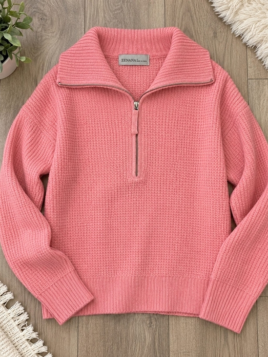 Zenana Outfitters Sweaters - Zenana Outfitters Pink Half-Zip Waffle Knit Sweater